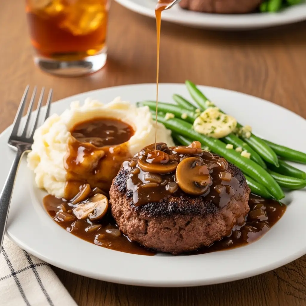 Hamburger steak recipe served with creamy mashed potatoes and steamed green beans on a white plate