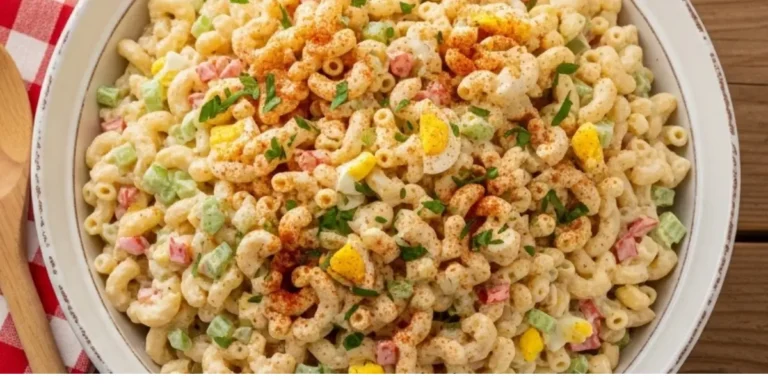 Classic creamy macaroni salad in a white bowl garnished with paprika