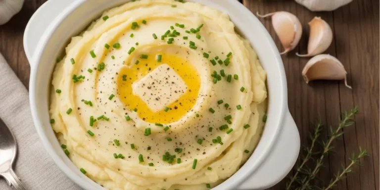 Creamy homemade mashed potatoes recipe served in a white bowl with butter and chives