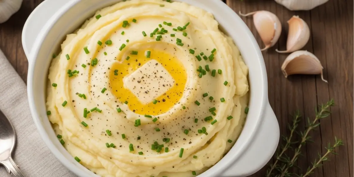 Creamy homemade mashed potatoes recipe served in a white bowl with butter and chives