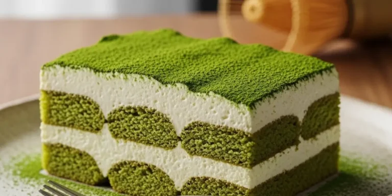 A close-up slice of the finished matcha tiramisu recipe showing creamy mascarpone layers and green tea dusting.