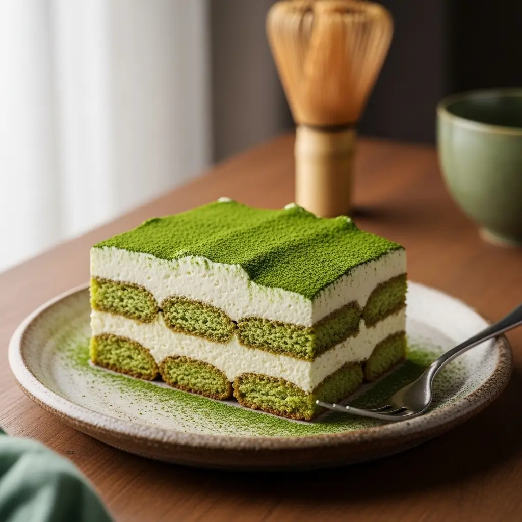 A close-up slice of the finished matcha tiramisu recipe showing creamy mascarpone layers and green tea dusting.