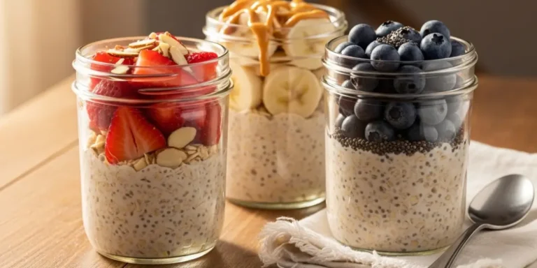 Overnight oats recipe in a mason jar topped with strawberries, blueberries, banana slices, chia seeds, and honey