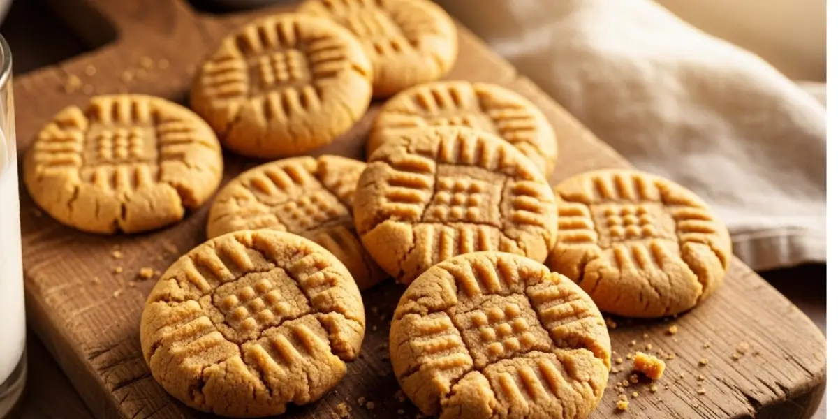 Classic homemade peanut butter cookie recipe with crosshatch pattern on a wooden board