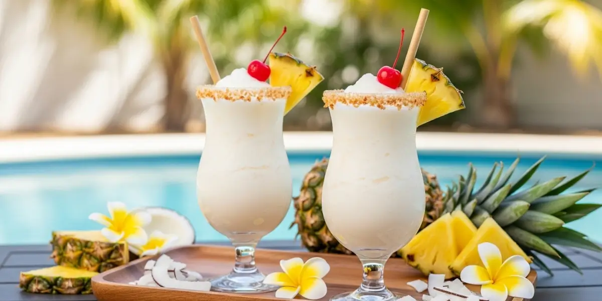 Classic piña colada recipe served in a hurricane glass with pineapple wedge and cherry garnish on a tropical beach background
