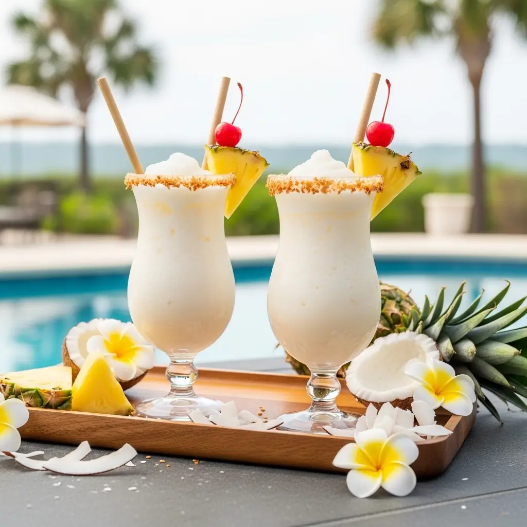 Two freshly made piña colada recipe cocktails served in hurricane glasses with toasted coconut rim and pineapple garnish by the poolside