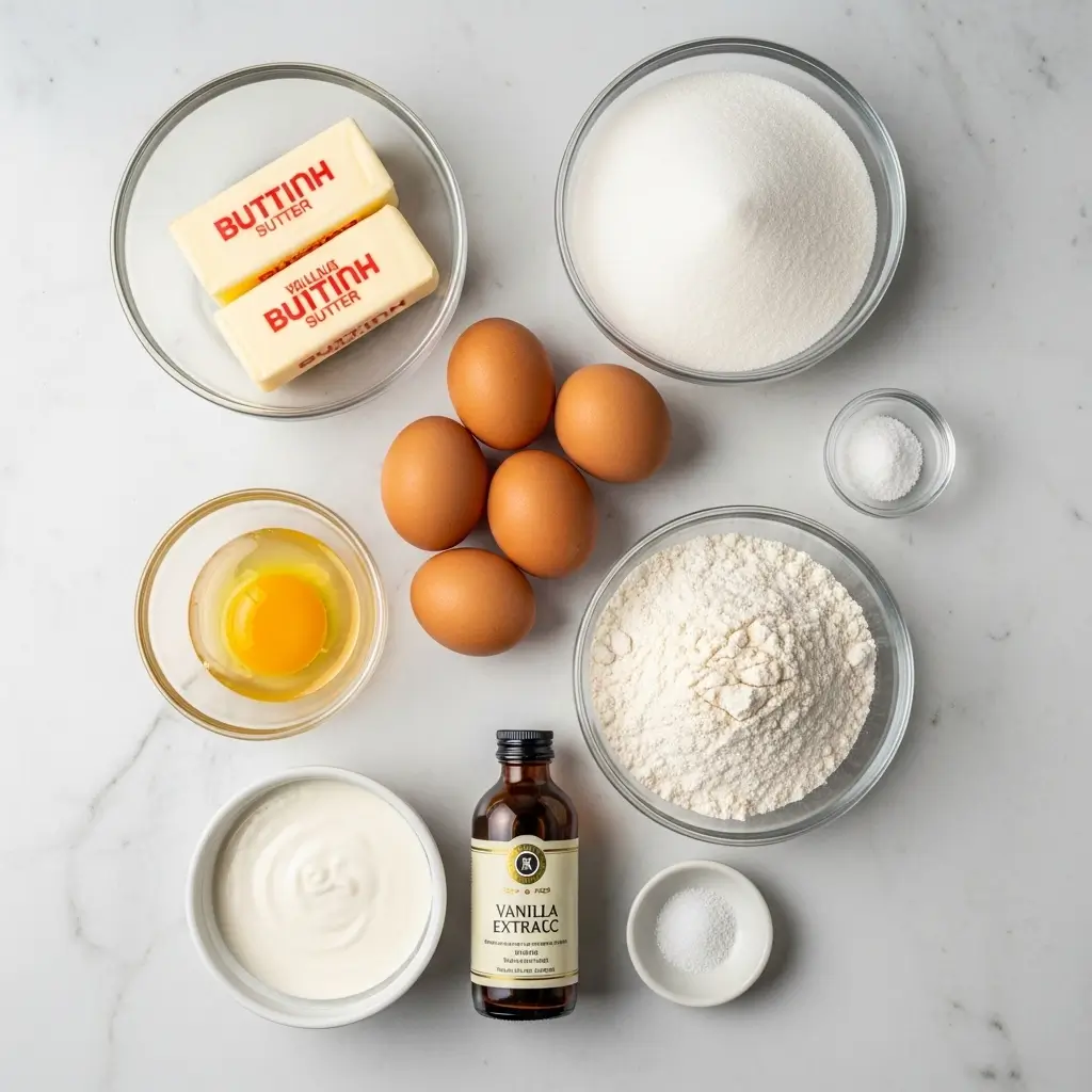 Pound Cake Recipe Ingredients Laid Out on a Marble Countertop