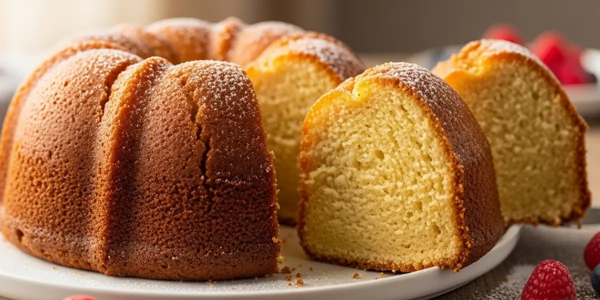 Classic Homemade Pound Cake Recipe Sliced on a White Cake Stand