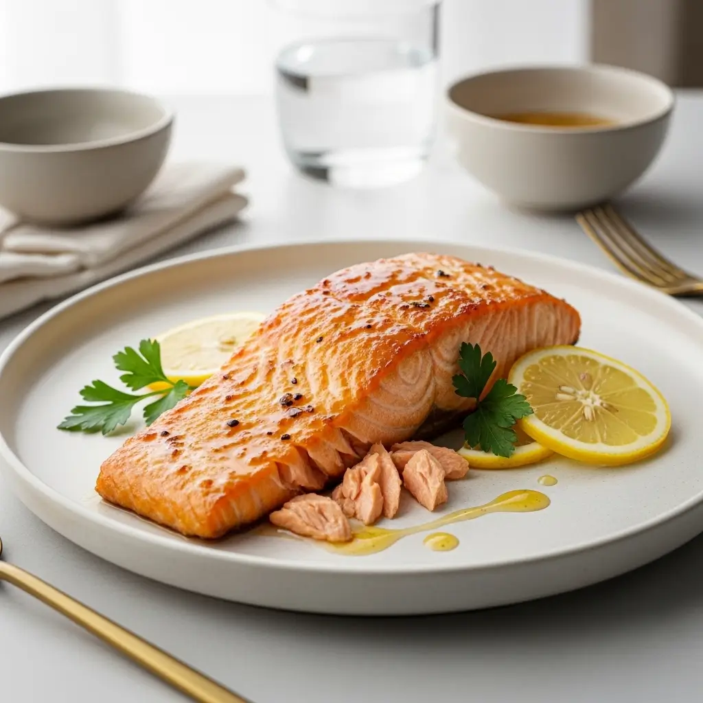 Plated salmon air fryer recipe served with roasted asparagus and white rice on a dinner table.