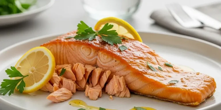 Close-up of a cooked salmon air fryer recipe fillet with crispy skin and lemon slices inside the basket.