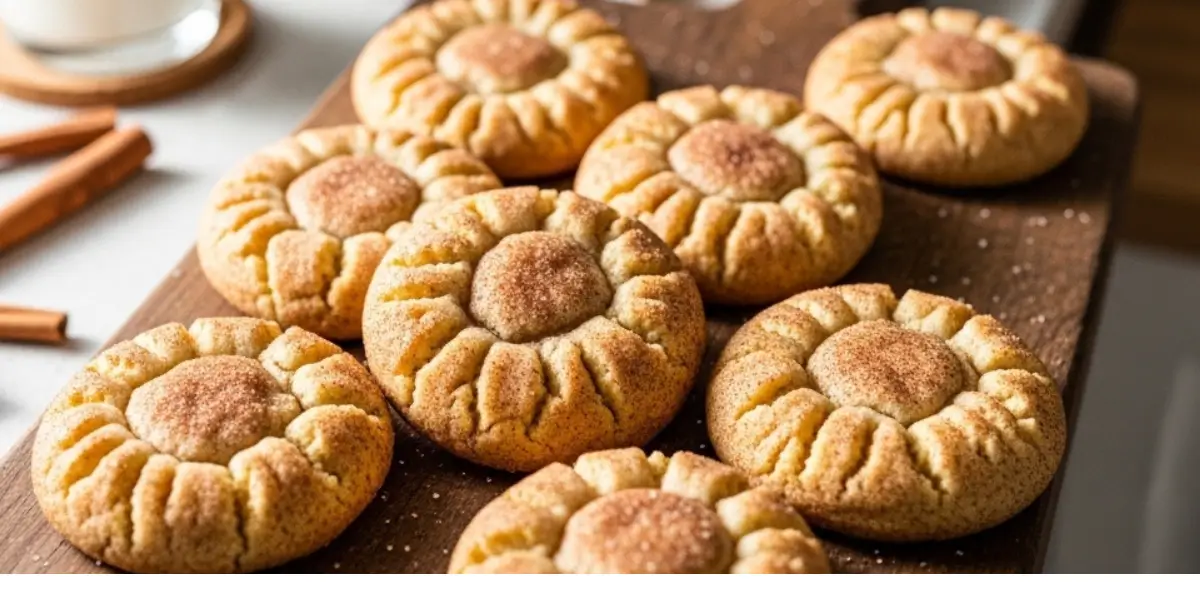 oft and chewy snickerdoodle cookie Recipe with cinnamon sugar coating on a wooden board