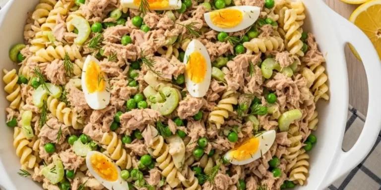 Creamy tuna pasta salad with rotini, peas, and hard-boiled eggs in a white bowl