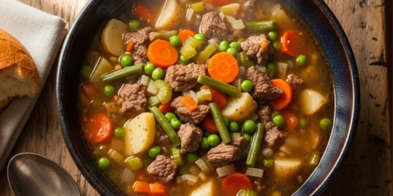 Homemade vegetable beef soup recipe served in a rustic bowl with crusty bread