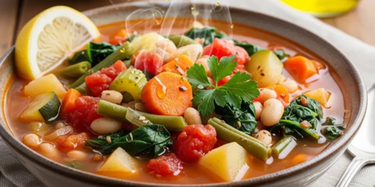 Vegetable soup recipe in a rustic bowl with fresh herbs