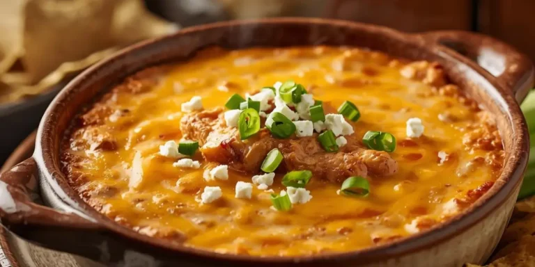 Buffalo chicken dip recipe in baking dish with melted cheese topping and garnishes