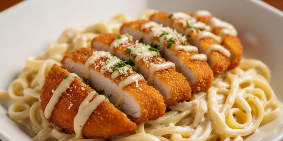 Crispy Chicken Alfredo Fettuccine with golden breaded chicken and creamy parmesan sauce on white plate