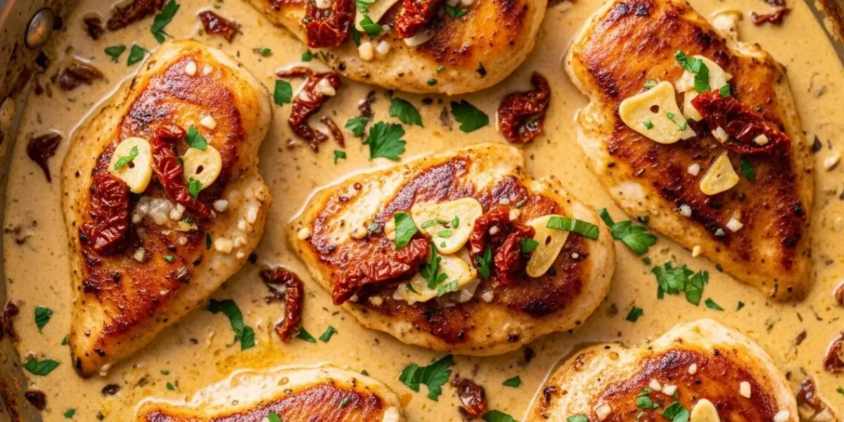 Marry me chicken in a cast iron skillet with creamy sun-dried tomato parmesan sauce