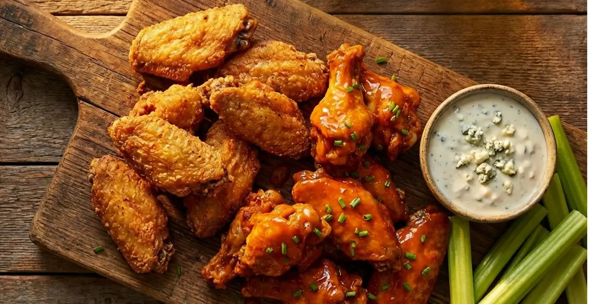 A platter of perfectly crispy air fryer chicken wings with dipping sauce.
