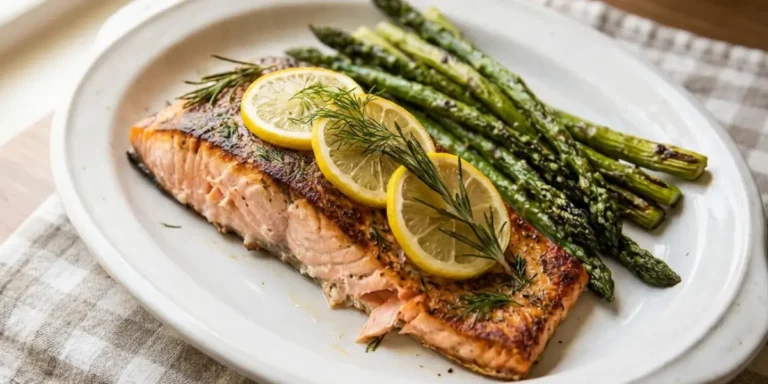 Perfectly baked lemon herb baked salmon recipe fillet on a white platter with asparagus
