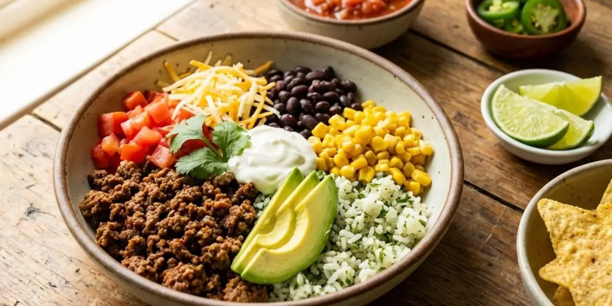 Homemade beef burrito bowls with seasoned ground beef cilantro lime rice and fresh toppings