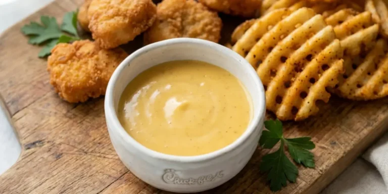Homemade Chick-fil-A sauce recipe served in a white bowl with chicken nuggets and waffle fries