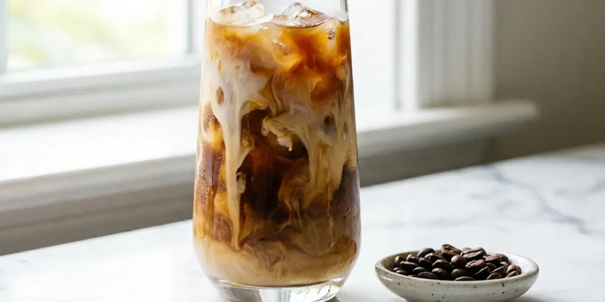 A tall glass of iced coffee with milk swirling in it, representing the perfect homemade iced coffee recipe