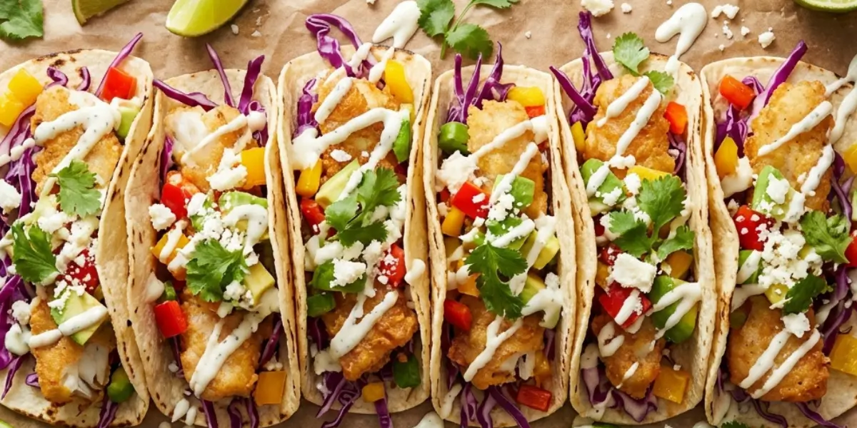 Crispy Fish Tacos Recipe on Wooden Board