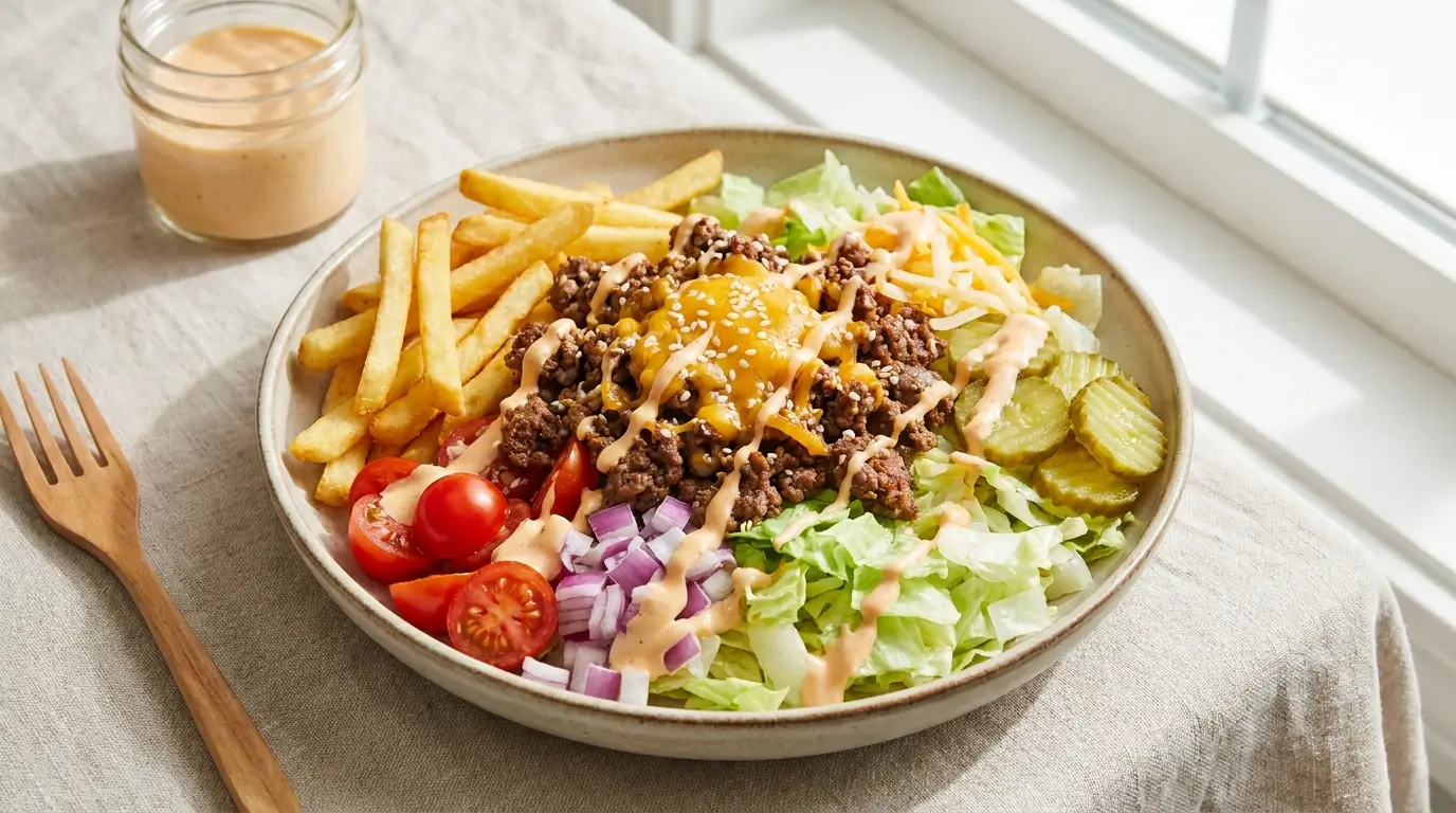 Low-carb cheeseburger bowls with ground beef, lettuce, cheese, and special sauce