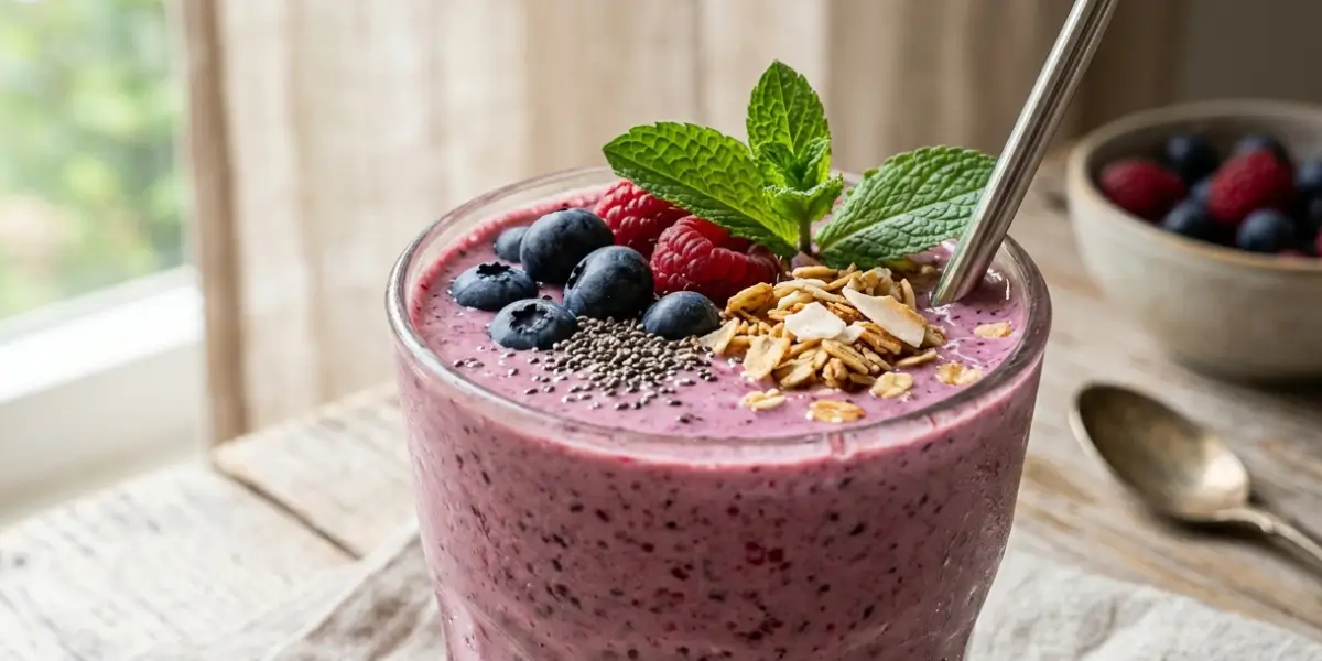 Glass of chia seeds in fruit smoothie topped with fresh berries on a marble countertop in morning light